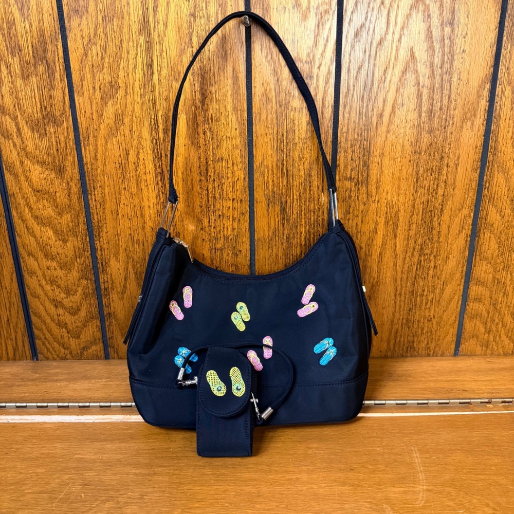 Black Flip Flop Embroidered Nylon Shoulder Bag Women Small Y2K Kitsch McBling